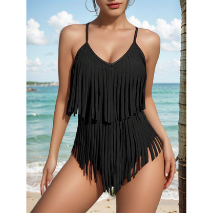 😍👙2024 Costum de baie cu decolteu în V, slim fit, fără spate, cu franjuri  3695564