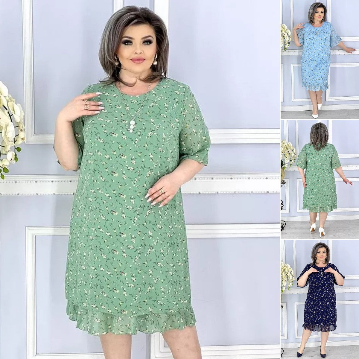 👗 💕【S-5XL】Rochie elegantă cu imprimeu floral mic de înaltă calitate  3692938