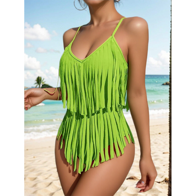 😍👙2024 Costum de baie cu decolteu în V, slim fit, fără spate, cu franjuri  3695564