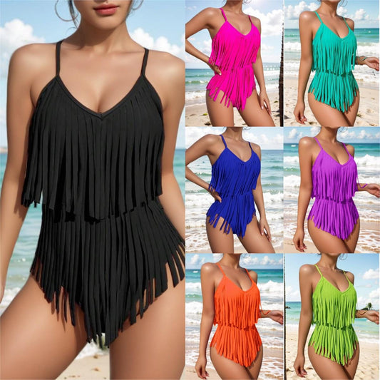 😍👙2024 Costum de baie cu decolteu în V, slim fit, fără spate, cu franjuri  3695564